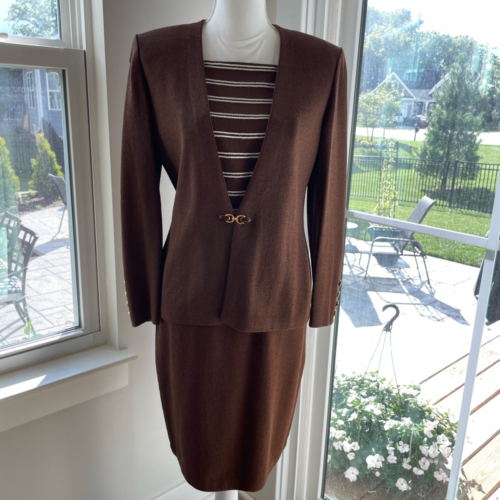 St. John Collection Chocolate Knit 3 Piece Knot Suit